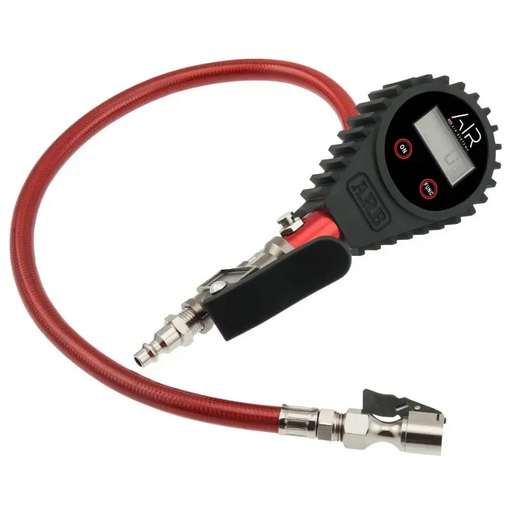 Digital temperature gauge with red hose on ARB Digital Tire Inflator Braided Hose W/Chuck.