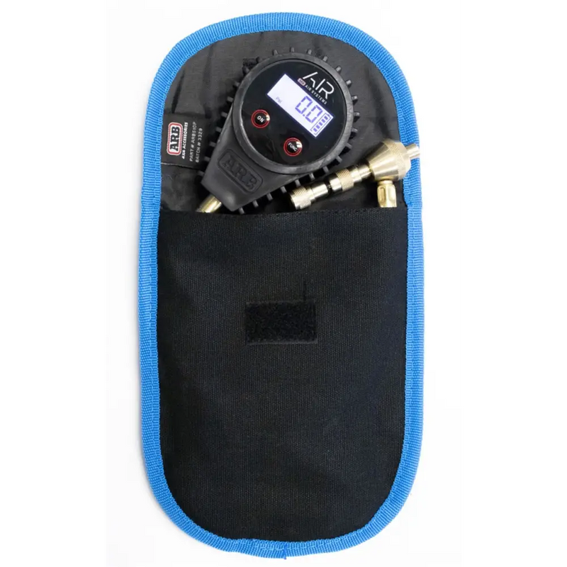 ARB E-Z Deflator Digital Gauge in blue pouch with watch