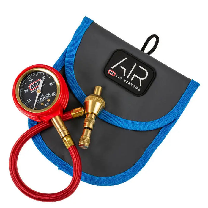 ARB E-Z Deflator Kit Psi Gauge with red and blue hose inside black bag