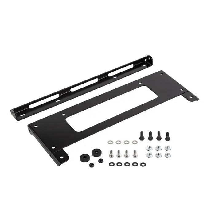 Black metal bracket with screws and screws in ARB Flip Up License Plate Kit.