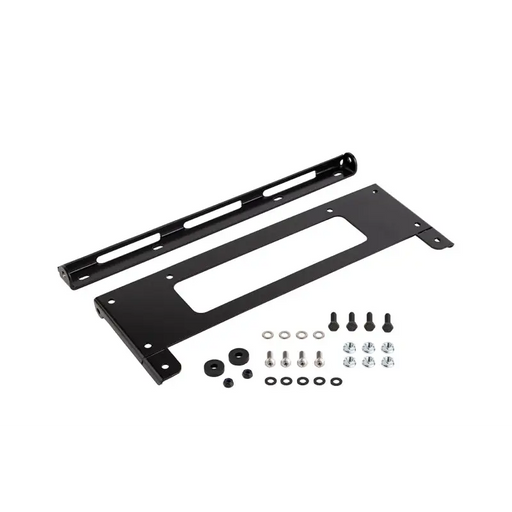 Black metal mounting bracket with screws for ARB Flip Up License Plate Kit.