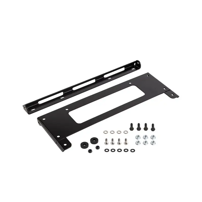 Black metal mounting bracket with screws for ARB Flip Up License Plate Kit.