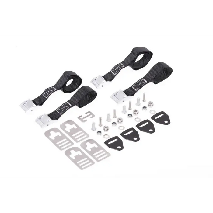 ARB Fridge Tie Down Kit Elements 63Q for Jeep Wrangler and Ford Bronco - Front and rear suspensions of a white car.