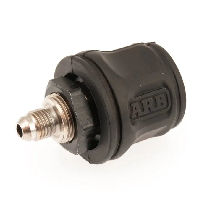 Close up of black plastic plug with metal thread for ARB Hose Coupling Us Std Jic-4 1Pk.