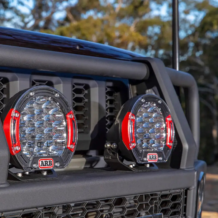 Black truck with front-facing LEDs from ARB Intensity SOLIS 21 1 Spot 1 Flood Kit.