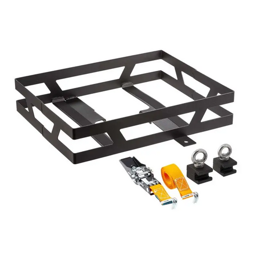 ARB Jerry Can Mount - Double Horizontal with black steel frame, lock, and pad for base rack or jeep wrangler.