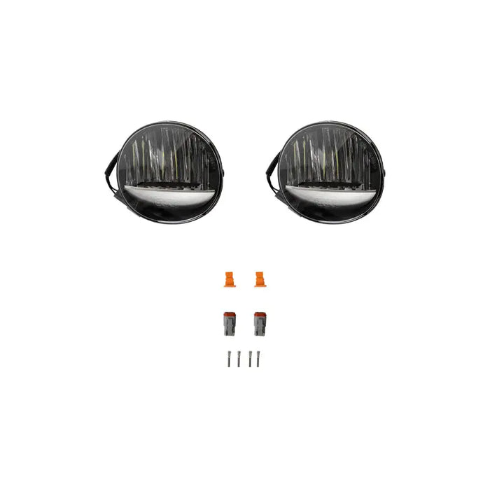 Close-up of black headlight bulbs with wires for ARB LED Fog Light Kit - Large.