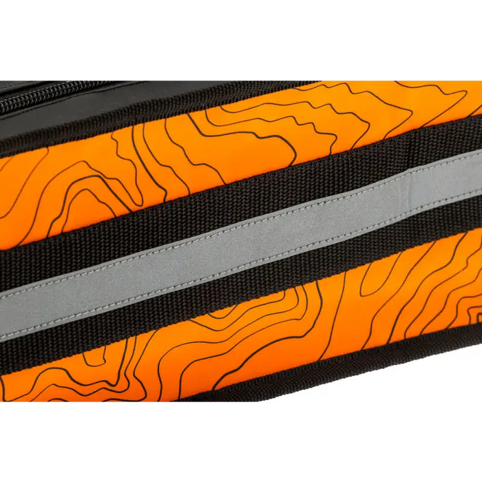 Orange and black zippered Micro Recovery Bag with topographic styling