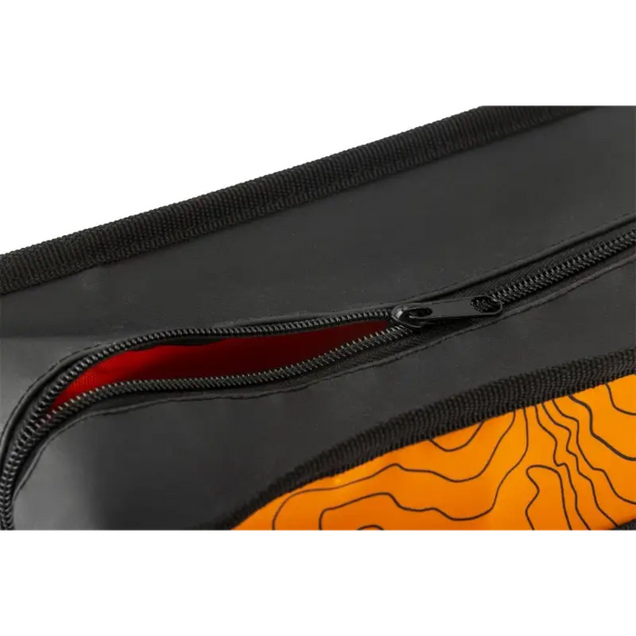 Orange and black zippered micro recovery bag with topographic styling PVC material, showing zipper.