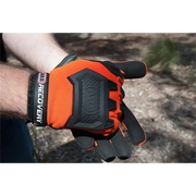 Man wearing orange ARB Recovery Glove with black and white lettering