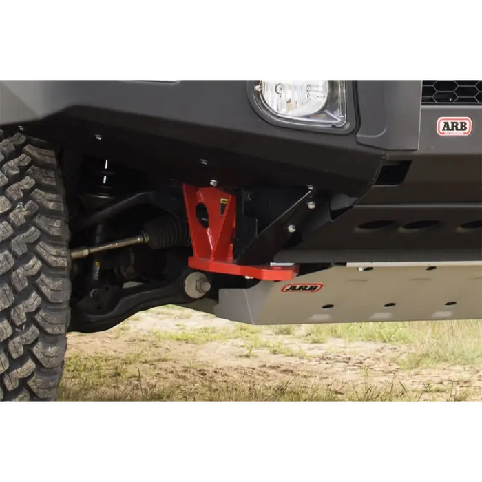 Close-up of jeep arb recovery point 8t on front bumper plate.