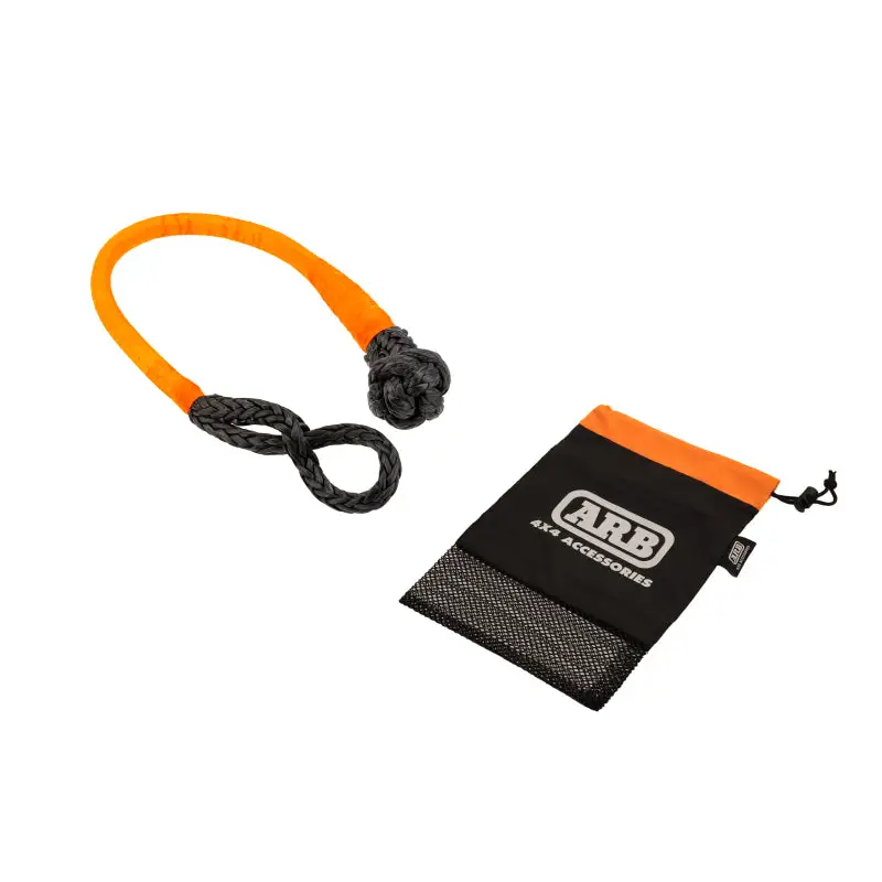 Close up of ARB Soft Connect Shackle 14.5T Soft Shackle in Orange with rope and lanyard