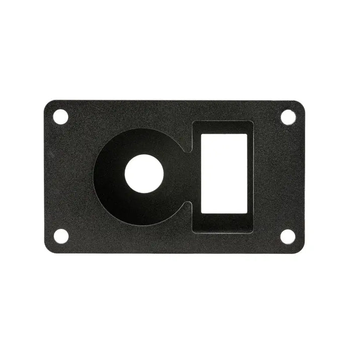 Black metal plate with hole for ARB Universal Switch Coupling Bracket.