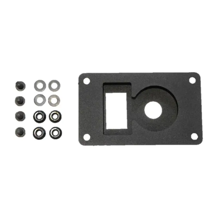 Black plastic mounting plate with screws and washers for ARB Universal Switch Coupling Bracket.