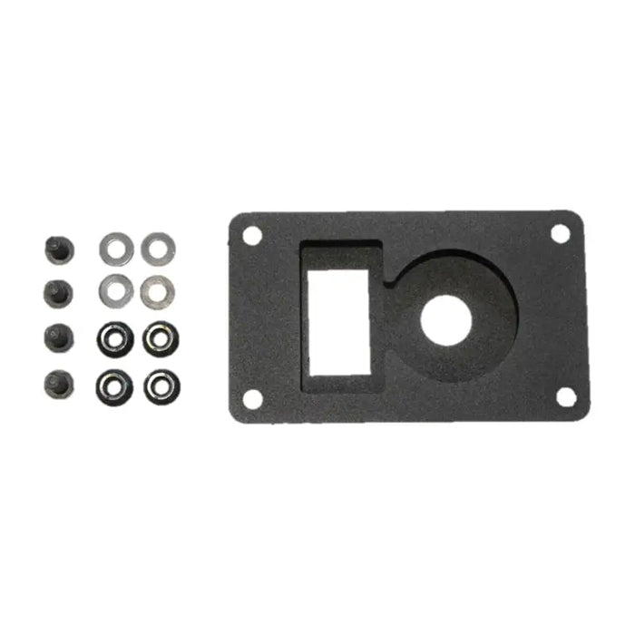 Black plastic mounting plate with two screws and nuts for ARB Universal Switch Coupling Bracket.