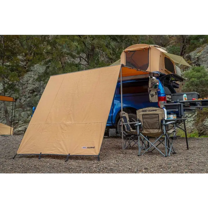 Vango tent set up in the woods with ARB Wind Break front - Fire Retardant USA/Canada Spec