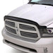 Front view of a white dodge ram with avs bugflector ii hood shield - smoke, car wash safe
