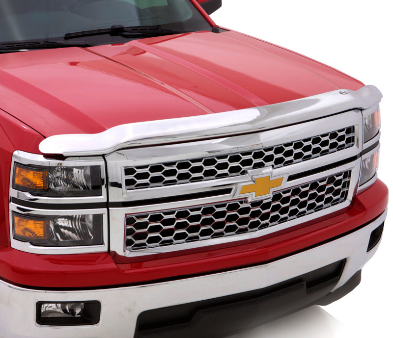 Red truck with chrome avs aeroskin hood shield. No special hardware needed