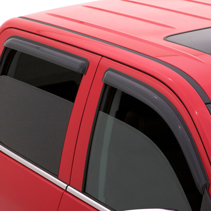 Red car with black roof rack equipped with avs original ventvisor window deflectors for toyota tacoma double cab, allowing fresh air circulation