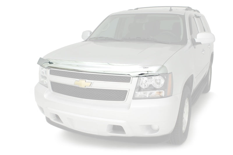 White truck with high profile chrome hood shield on white background