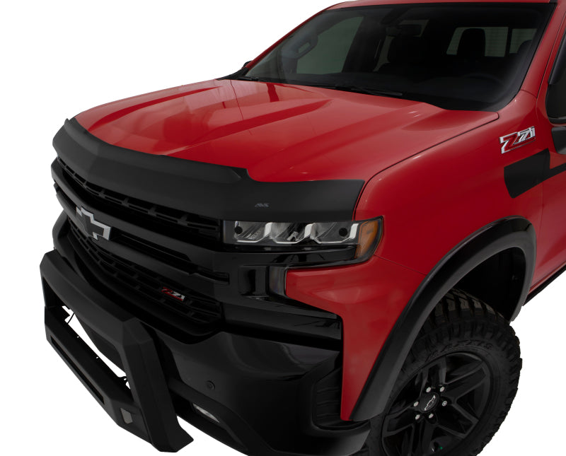 Red truck with black wheels on white background, avs aeroskin ii textured low profile hood shield for jeep wrangler