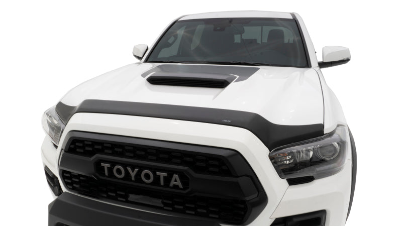 Front view of white toyota tacoma truck with avs 16-18 toyota tacoma aeroskin low profile hood shield in matte black