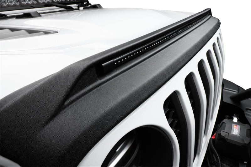 White jeep wrangler with black roof rack - avs low profile hood shield