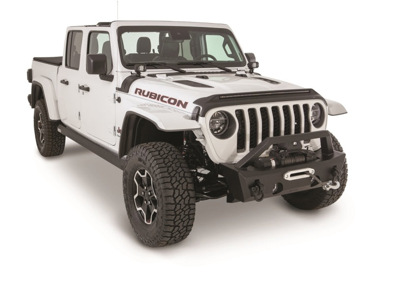 White jeep wrangler with red and black stripe aeroskin hood shield