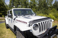 White jeep wrangler jl with black bumper and red/white stripe - avs hood shield