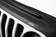 Black and white close up of a jeep wrangler grille on avs aeroskin hood shield - seo-friendly alt text