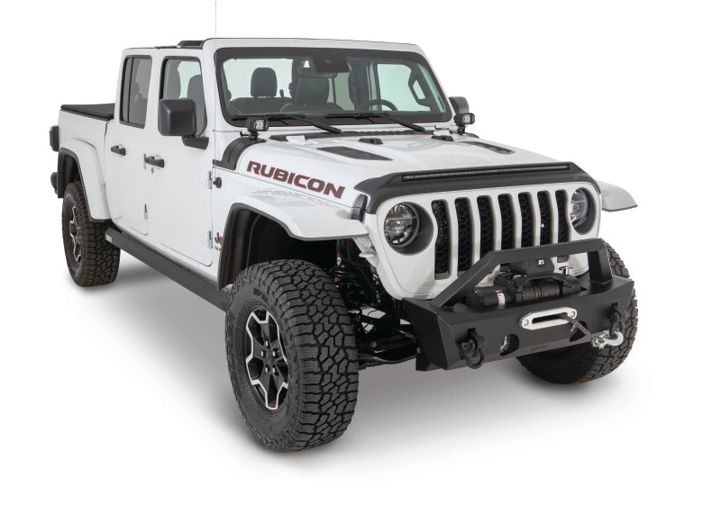 Front view of white jeep wrangler with red and black stripe - avs 2018-2019 jeep wrangler (jl) aeroskin low profile hood