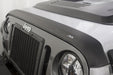 Avs 2018+ jeep wrangler (jl) 2dr/4dr aeroskin low profile hood shield - matte black close up with light on