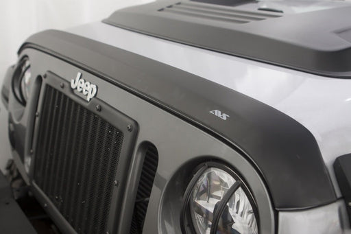 Close up of avs 2018+ jeep wrangler (jl) aeroskin low profile hood shield - matte black