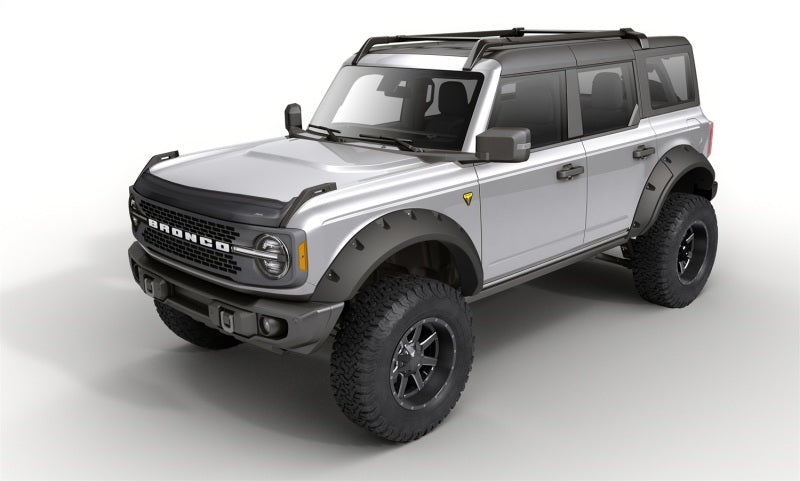 White suv with black roof rack - avs 21-23 ford bronco aeroskin ii textured low profile hood shield - black