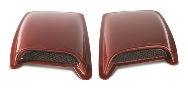 Pair of red front bumper covers for dodge durango displayed in avs black hood scoop