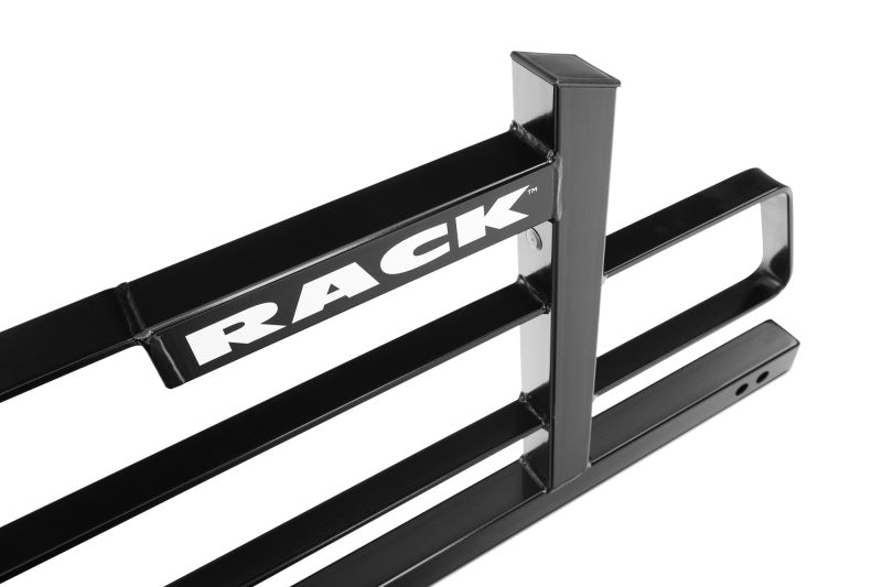 Black and white logo close up on backrack ranger original rack frame