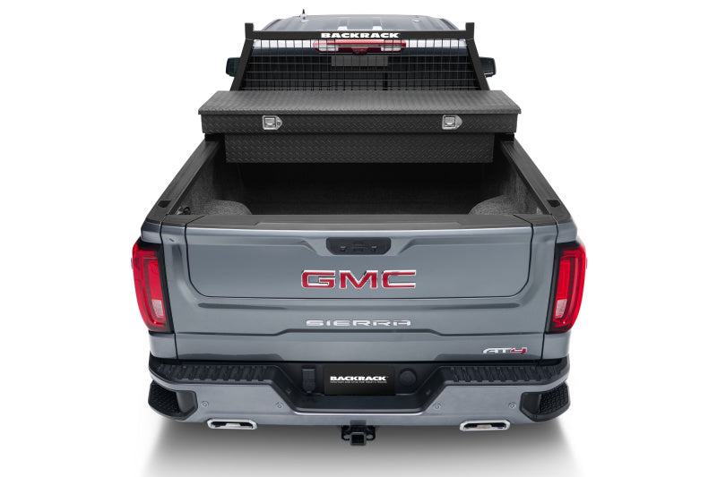 Gray gmc truck rear featuring backrack chevy/gmc/ram/ford safety rack