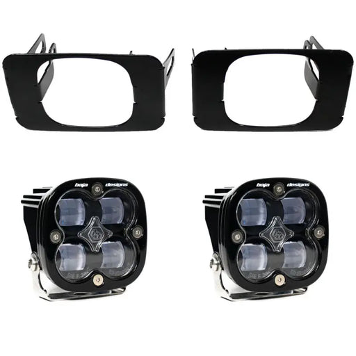 Baja Designs 17-18 Super Duty Fog Lights Fog Pocket Kit with black square LED fog lights for Jeep.