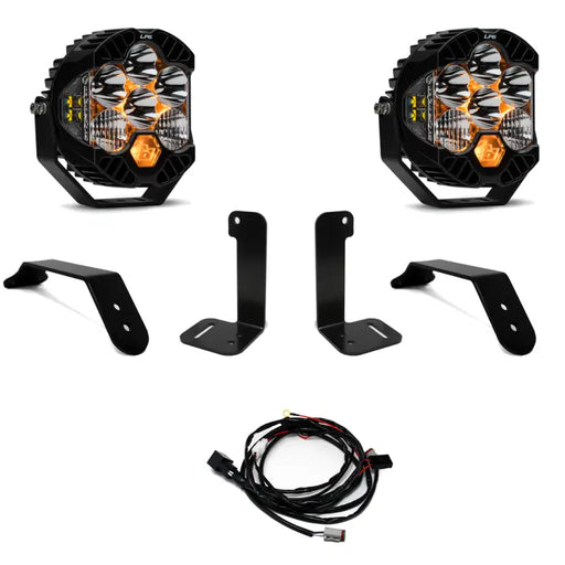 Dual LP6 auxiliary lights with brackets and wires from Baja Designs.