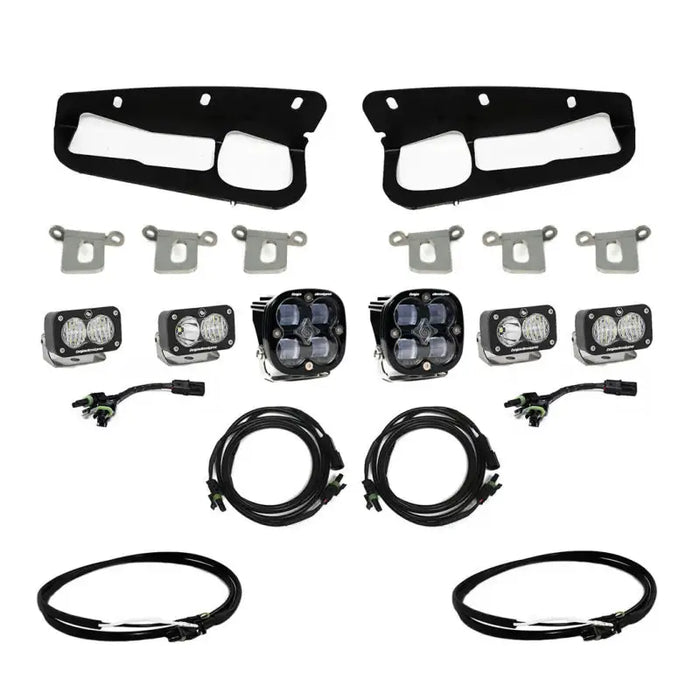 Baja Designs 2021+ Ford Bronco Clear SAE Fog Pocket Kit w/Upfitter, close-up of lights and wires