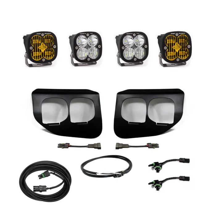 Baja Designs Ford Super Duty fog lights and cables on white background.