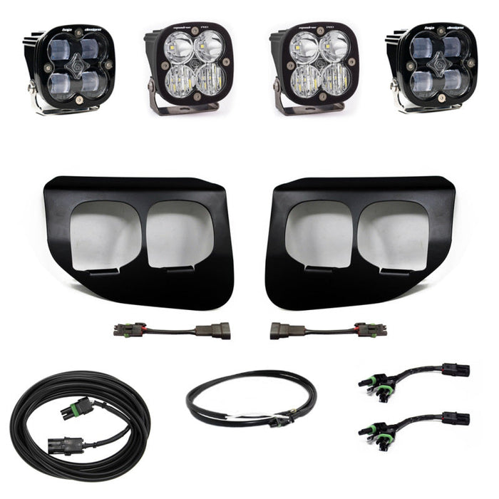 Baja designs ford super duty fog lights and cables on white background