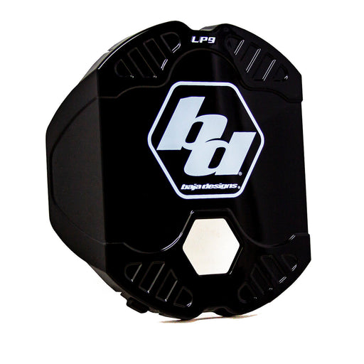 Baja designs lp9 series single rock guard - front view of black and white helmet