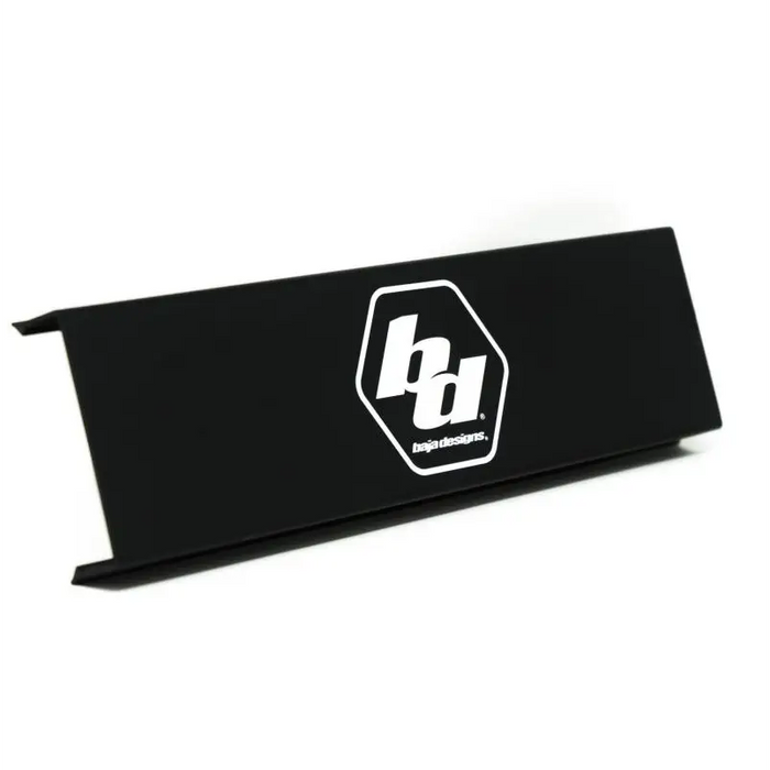 Black business card holder featuring white logo on Baja Designs OnX6 10in Rock Guard.