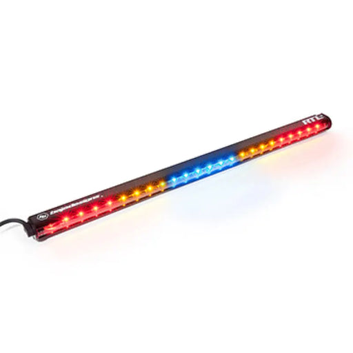 Baja Designs RTL-B Single Straight 30in Light Bar with red and blue lights on white background.