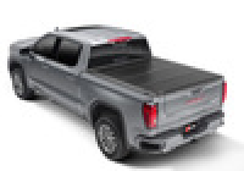 Rear view of black truck with bakflip f1 for 19-20 chevy silverado bed