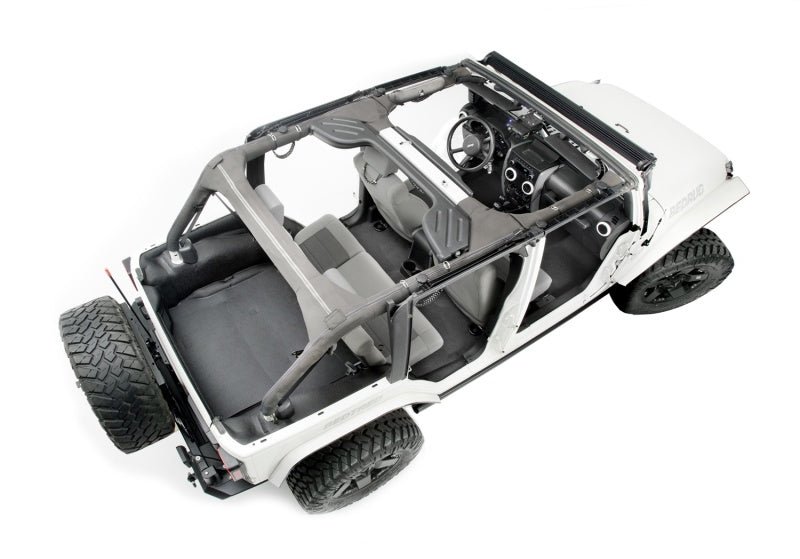 Front view of white toy car on bedrug cargo kit for jeep wrangler