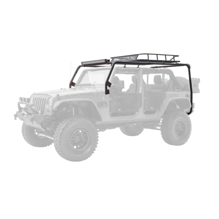 Black and white photo of Jeep Wrangler JK 4dr with Body Armor 4x4 roof rack