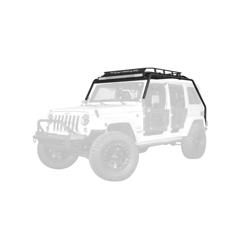 Body Armor 4x4 Jeep Wrangler JK Windshield Light Bar with Roof Rack on White Background