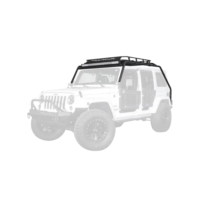 Body Armor 4x4 Jeep Wrangler JK Windshield Light Bar with Roof Rack on White Background